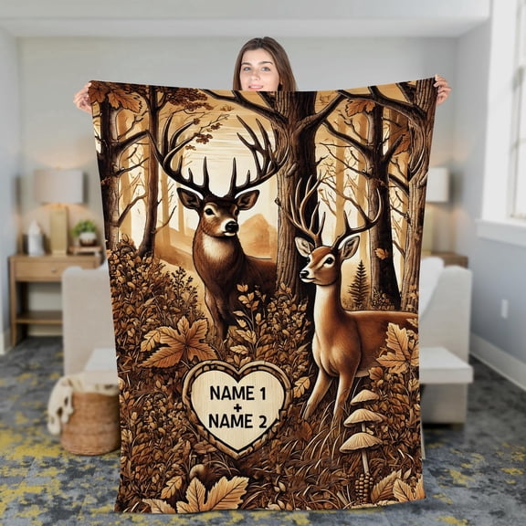 Lotusprinthandmade Personalized Romantic Deer Couple Fleece Blanket 2 Sizes (80"x60")