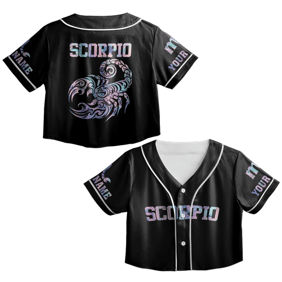 Lotusprinthandmade Personalized Scorpio Zodiac Crop Top Baseball Jersey XS-XL Multicolor, Zodiac Horoscope Lover Gift, scorpio zodiac croptop baseball jersey, birthday crop top baseball jersey