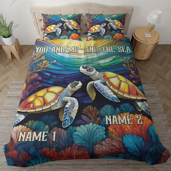 Lotusprinthandmade Personalized Sea Turtle Couple Bedding Set 60 x 80 Inch