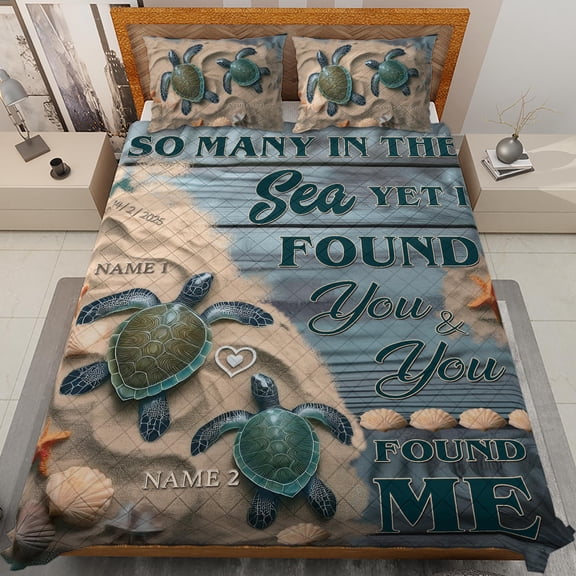 Lotusprinthandmade Personalized Sea Turtle Couple Quilt Bedding Set (White Binding) 5 Sizes (Made in Vietnam) (80x90), sea turtle lover quilt