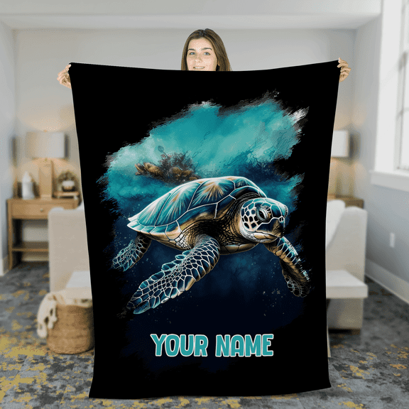 Lotusprinthandmade Personalized Sea Turtle Fleece Blanket, Sea Turtle Throw