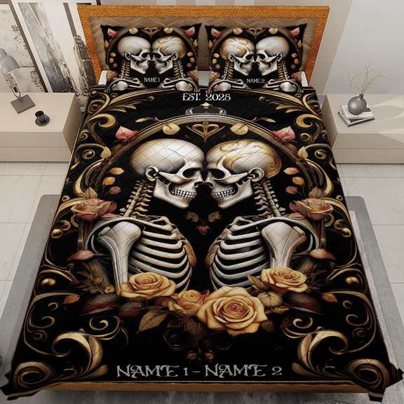 Lotusprinthandmade Personalized Skeleton Couples Quilt Bedding Set (White Binding) 5 Sizes (Made in Vietnam) (55x60), Horror-Inspired Love Quilt Bedding