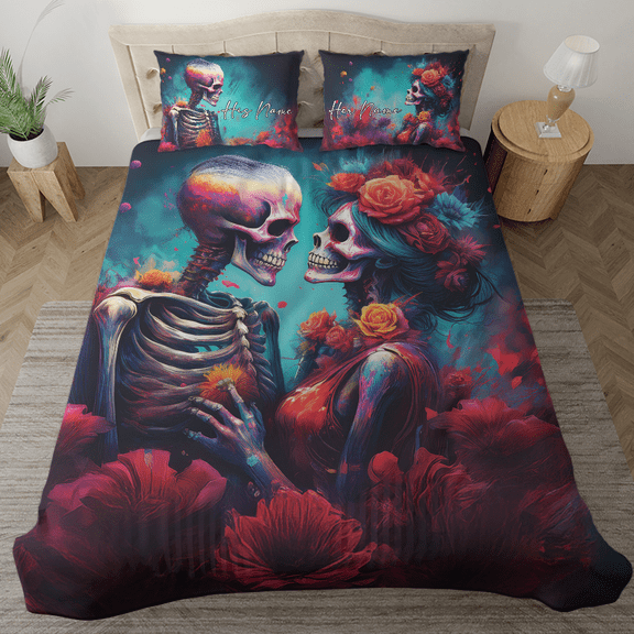 Lotusprinthandmade Personalized Skeleton Skull Couple Bedding Set (Made in Vietnam) (60x80), Spooky Halloween Skeleton Bedding, Romantic Skeleton Couple Bed Set