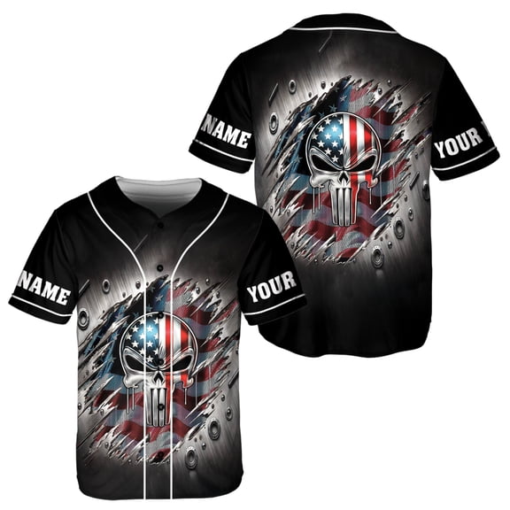 Lotusprinthandmade Personalized Skull America Flag Baseball Jersey XS-5XL Multicolor (XS), custom name patriotic skull jersey, america flag skull button-up shirt