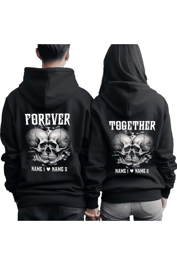 Personalized Skull Couple Black Hoodie 2D (3XL), matching skull hoodies for couples, custom name skull couple hoodie