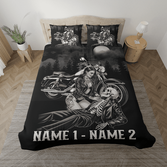 Lotusprinthandmade Personalized Skull Couple Riding Bicycle Bedding Set (Made in Vietnam) (88x88), Skull Skeleton Bedding Set