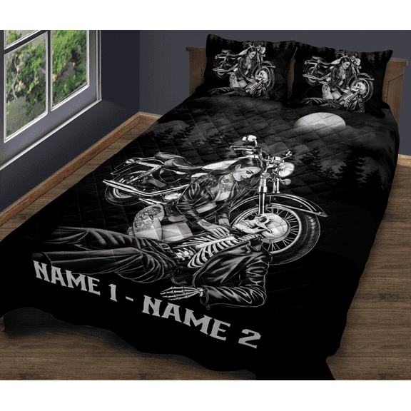 Lotusprinthandmade Personalized Skull Couple Riding Bicycle Quilt Bedding Set (Fold Hem) 5 Sizes (Made in Vietnam) (55x60), skull couple romance quilt bedding, skull couple riding bicycle bedspread