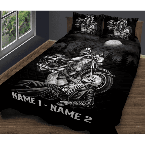 Lotusprinthandmade Personalized Skull Couple Riding Bicycle Quilt Bedding Set (Fold Hem) 5 Sizes (Made in Vietnam) (80x90), skull couple romance quilt bedding, skull couple riding bicycle bedspread
