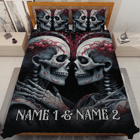 Lotusprinthandmade Personalized Skull Lovers Couple Quilt Bedding Set Fold Hem 80x90