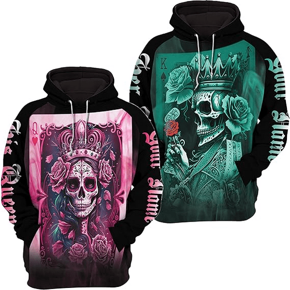 Lotusprinthandmade Personalized Skull Queen and King Poker Card Couple Hoodie 3D (Lightweight) S-5XL Multicolor (S)