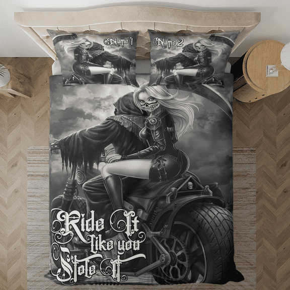 Lotusprinthandmade Personalized Skull Ride Motorcycle Couple 3D Bedding Set, Multicolor, 68x88