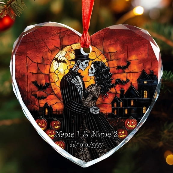 Lotusprinthandmade Personalized Skull Skeleton Couple Halloween Glass Ornament 1-sided Printed Heart (3.15x2.95 inches), skull art halloween ornament, custom halloween couple ornament