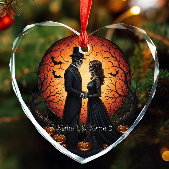 Lotusprinthandmade Personalized Skull Skeleton Couple Halloween Heart Glass Ornament 3.15 x 2.95 in