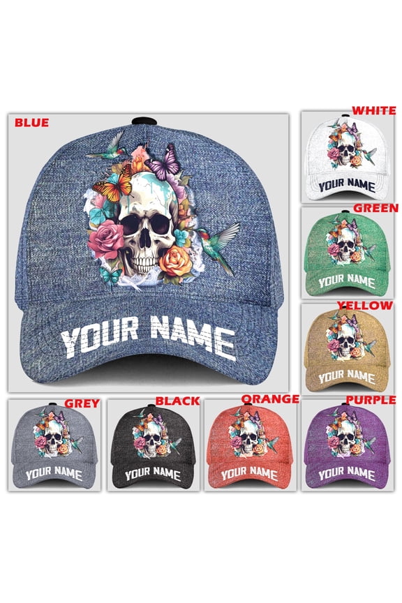 Personalized Skull with Bird & Flowers Classic Baseball Cap One Size Multicolor