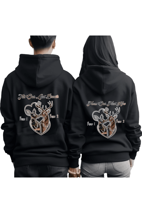 Personalized Till Our Last Breath Deer Couple Black Hoodie 2D (XL), custom deer couple hoodie with names
