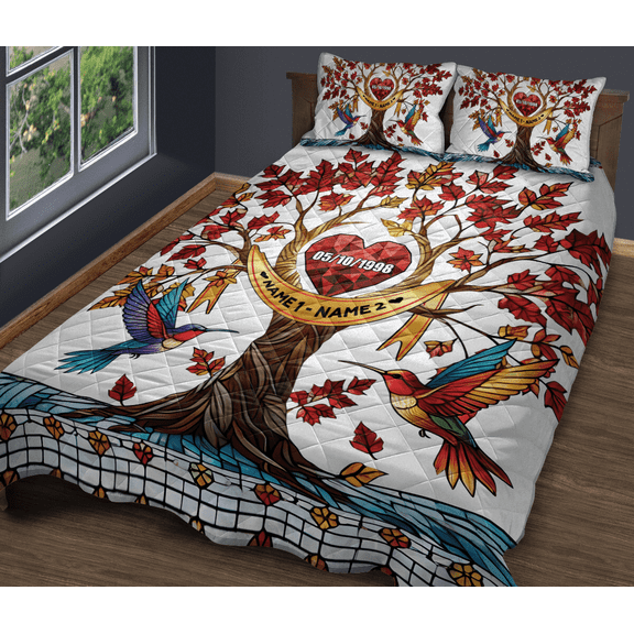 Lotusprinthandmade Personalized Tree with Hummingbird Graphic Quilt Bedding Set