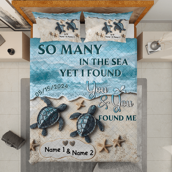 Lotusprinthandmade Personalized Turtle Couple I Found You Quilt Bedding Set (White Binding) 5 Sizes (Made in Vietnam) (80x90)