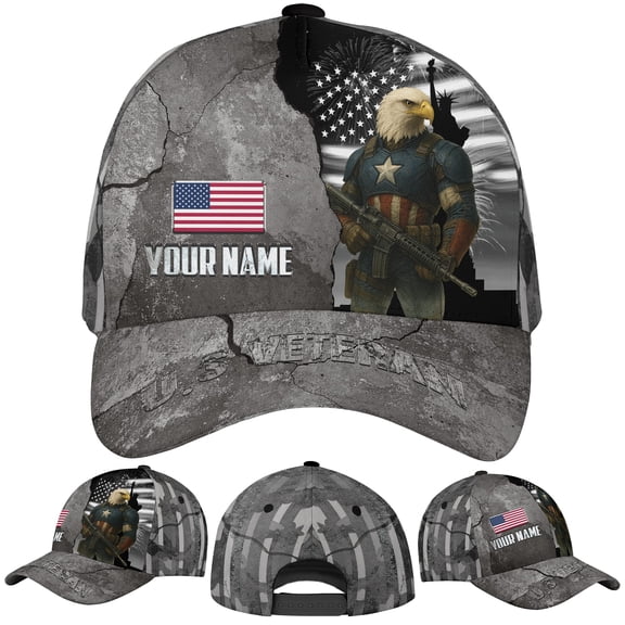 Lotusprinthandmade Personalized US Veteran Eagle America Flag Classic Baseball Cap One Size Multicolor, custom name veteran eagle cap
