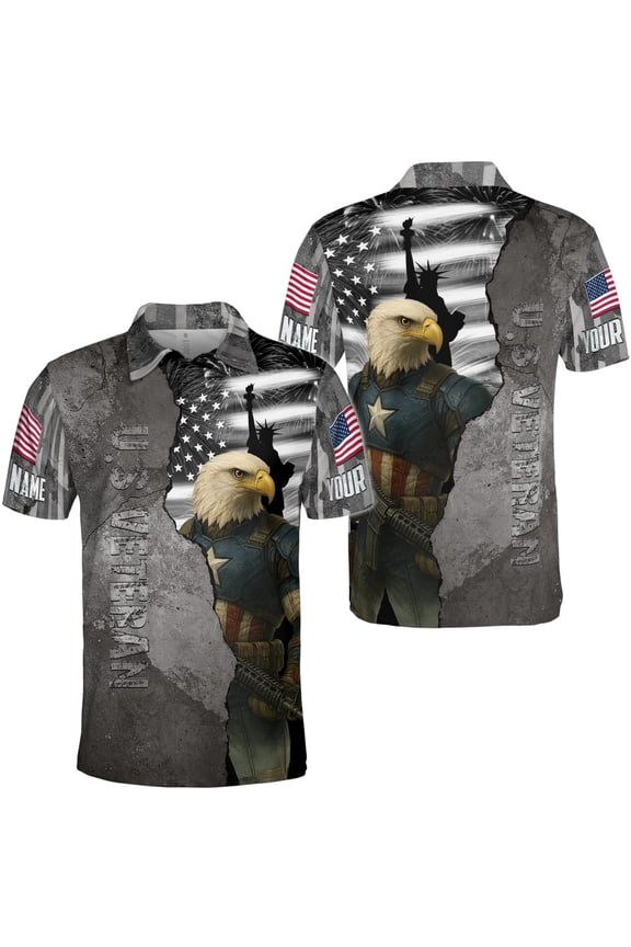 Personalized US Veteran Eagle America Flag Men Polo Shirt (Lightweight) S-5XL Multicolor (M), custom name veteran eagle patriotic polo