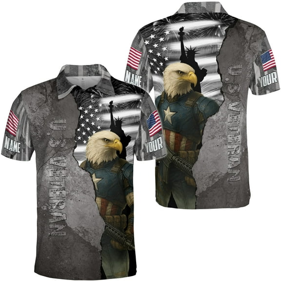 Lotusprinthandmade Personalized US Veteran Eagle America Flag Men Polo Shirt (Lightweight) S-5XL Multicolor (S), custom name veteran eagle patriotic polo