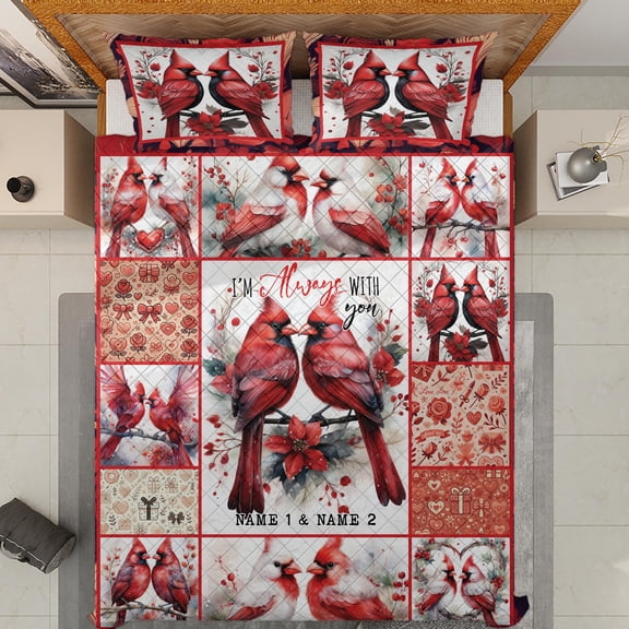 Lotusprinthandmade Personalized Valentine's Day Cardinal I Am Always With You Quilt Bedding Set (White Binding) 5 Sizes (Made in Vietnam) (90x100), Unique Gift For Bird Lovers