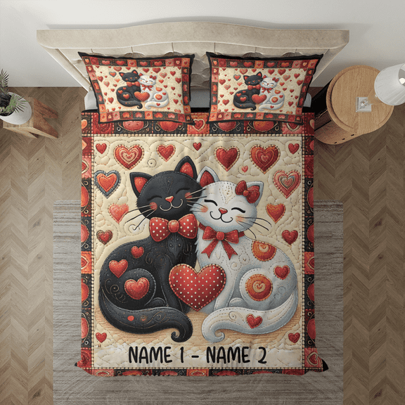 Lotusprinthandmade Personalized Valentine's Day Cat Couple Bedding Set, Multicolor, 68x88