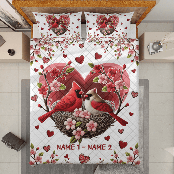 Lotusprinthandmade Personalized Valentine's Day Couple Cardinal Quilt Bedding Set, White Binding, 70x80