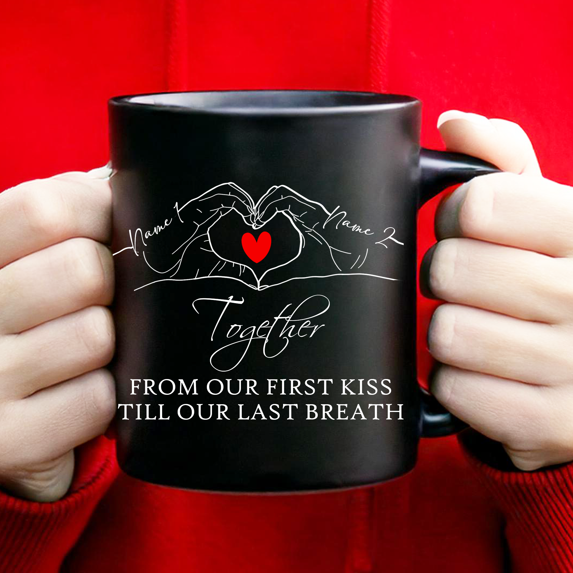 Lotusprinthandmade Personalized Valentine's Day Couple Together From Our First Kiss Black Ceramic Mug (15oz) (Made In US), Custom Romantic Coffee Mug
