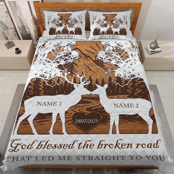 Lotusprinthandmade Personalized Valentine's Day Deer Couple Quilt Bedding Set, Fold Hem, 60x70