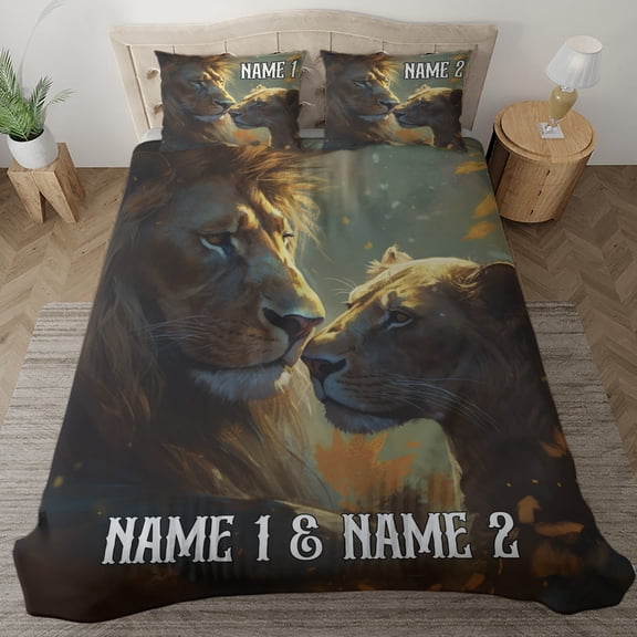 Lotusprinthandmade Personalized Valentine's Day Lion Couple Bedding Set, Multicolor, 78x88