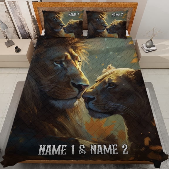 Lotusprinthandmade Personalized Valentine's Day Lion Couple Quilt Bedding Set, White Binding, 55x60