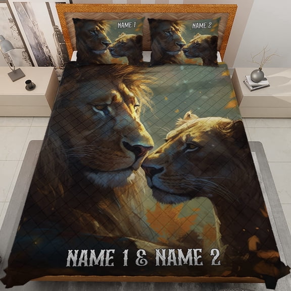 Lotusprinthandmade Personalized Valentine's Day Lion Couple Quilt Bedding Set, White Binding, 70x80
