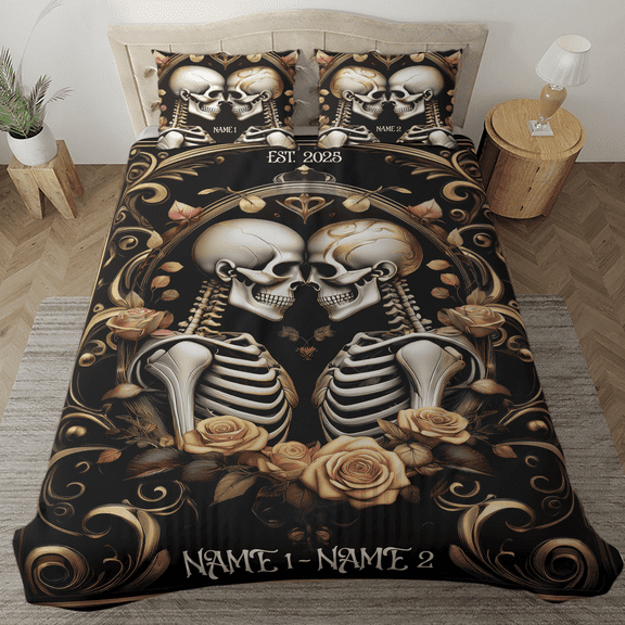 Lotusprinthandmade Personalized Valentine's Day Skull Couple Bedding Set, Multicolor, 104x88