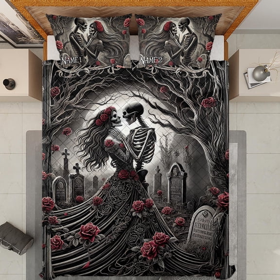 Lotusprinthandmade Personalized Valentine's Day Skull Couple Quilt Bedding Set (White Binding) 5 Sizes (Made in Vietnam) (55x60), Horror-Inspired Love Quilt Bedding
