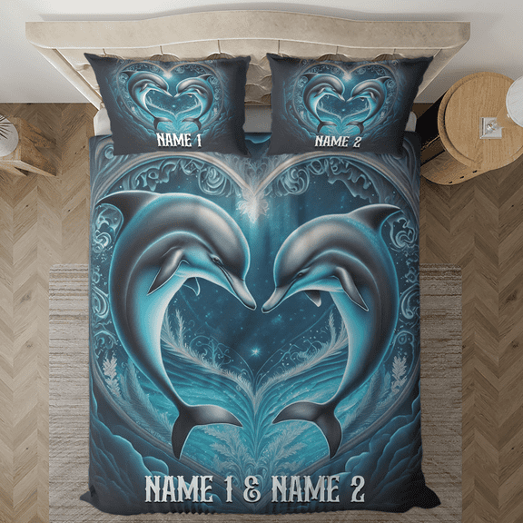 Lotusprinthandmade Personalized Valentine’s Gifts Sea Animal Dolphin Couple Bedding Set (Made in Vietnam) (104x88), Romantic Dolphin-Themed Bedding
