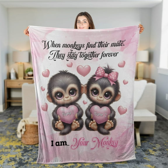 Lotusprinthandmade Personalized Valentines Monkey Graphic Fleece Blanket 2 Sizes (Made in US) (80"x60"), valentines monkey blanket, personalized monkey fleece