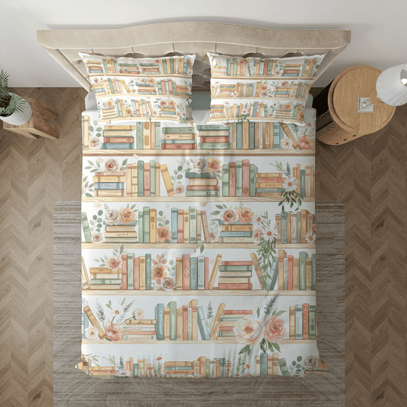 Lotusprinthandmade Personalized Vintage Bookshelf Floral Bedding Set (Made in Vietnam) (60x80) – Book Lovers Bedding Set