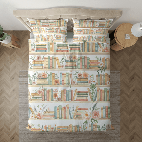 Lotusprinthandmade Personalized Vintage Bookshelf Floral Bedding Set (Made in Vietnam) (60x80) – Book Lovers Bedding Set