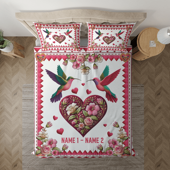 Lotusprinthandmade Personalized Whispers Of Love Hummingbird Couple Bedding Set (Made in Vietnam) (104x88), Cozy And Stylish Love-Inspired Comforter