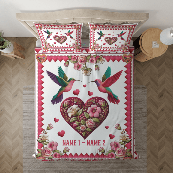 Lotusprinthandmade Personalized Whispers Of Love Hummingbird Couple Bedding Set, Multicolor, 88x88