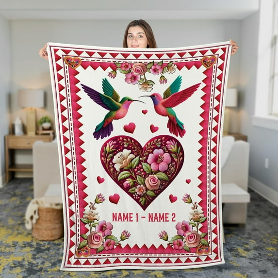 Lotusprinthandmade Personalized Whispers Of Love Hummingbird Couple Fleece Blanket 2 Sizes (Made in US) (60"x50"), Unique Gift For Bird Lovers