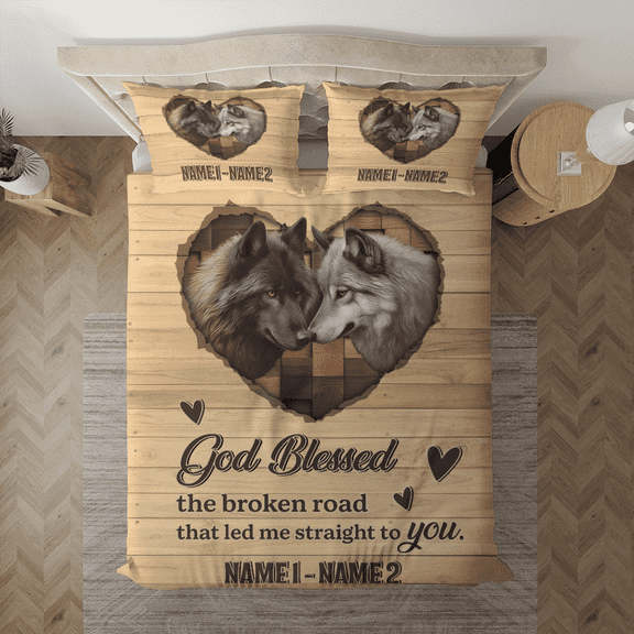 Lotusprinthandmade Personalized Wolf Couple Bedding Set