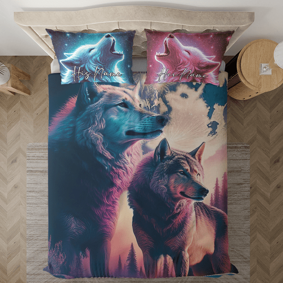 Lotusprinthandmade Personalized Wolf Couple Bedding Set (Made in Vietnam) (60x80), Wolf Love Bedding Set, Romantic Wolf Bedding