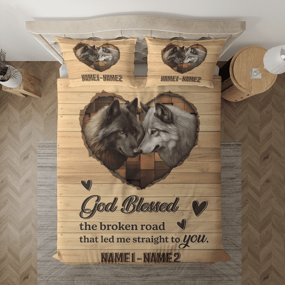 Lotusprinthandmade Personalized Wolf Couple Bedding Set (Made in Vietnam) (68x88), Majestic Wolf Couple Design Bedspread