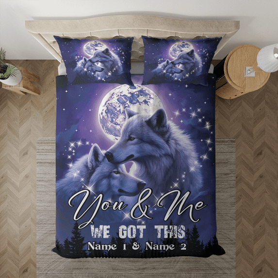 Lotusprinthandmade Personalized Wolf Couple Bedding Set (Made in Vietnam) (88x88), Wolf Love Bedding Set, Romantic Wolf Bedding