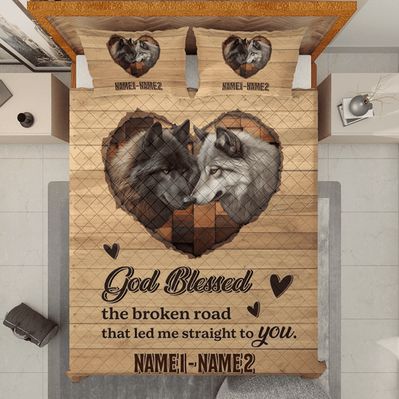 Lotusprinthandmade Personalized Wolf Couple Quilt Bedding Set (White Binding) 5 Sizes (Made in Vietnam) (55x60), Romantic Wolf-Themed Bedspread