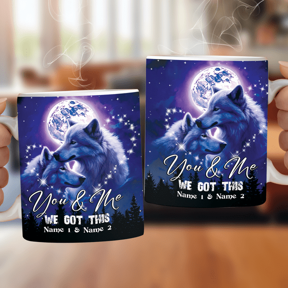 Lotusprinthandmade Personalized Wolf Couple White Ceramic Mug (11oz) (Made In US), Romantic Wolf-Themed Mug For Couples