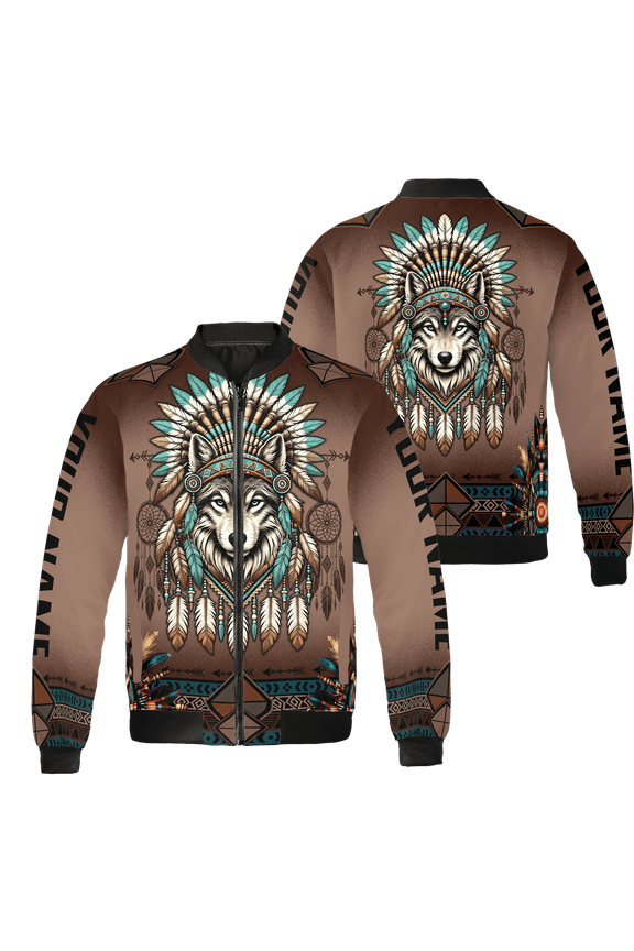 Personalized Wolf Native America All-over Print Bomber Jacket S-5XL Multicolor (L), wolf design bomber coat