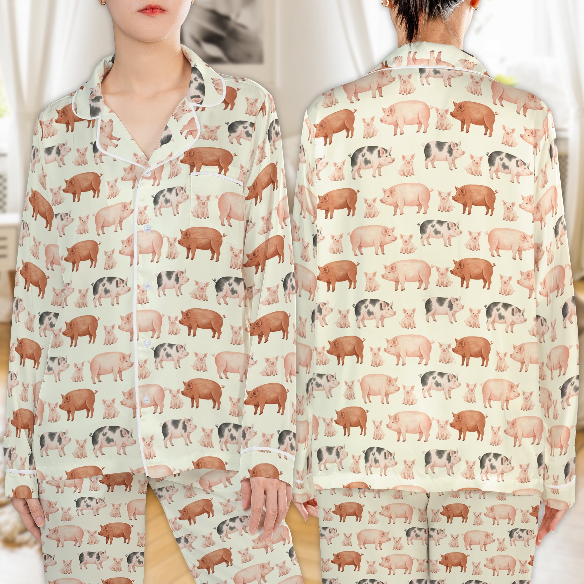 Lotusprinthandmade Pig All-over Print Satin Pajamas Set (XL), Cute Farm ...