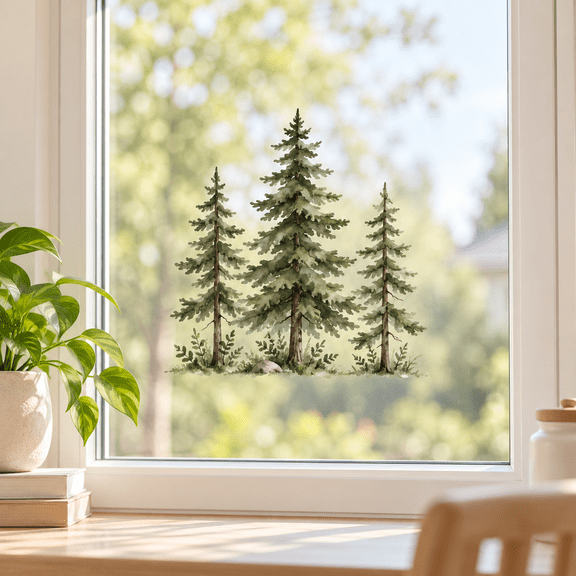 Lotusprinthandmade Pine Tree Transparent Vinyl Decal, Evergreen Forest Window Decor